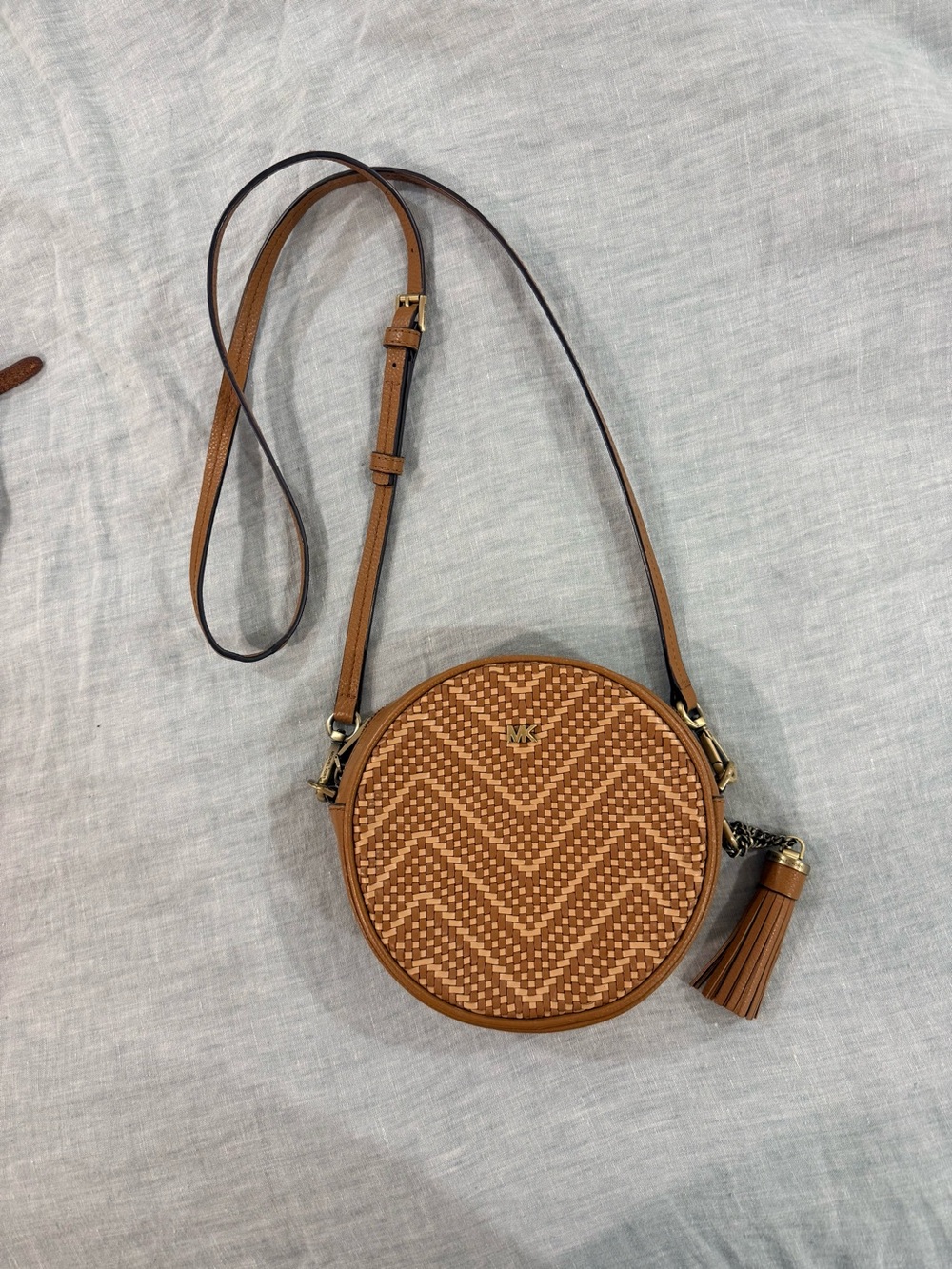 Michael Kors Brown Woven Round Crossbody with Tassel